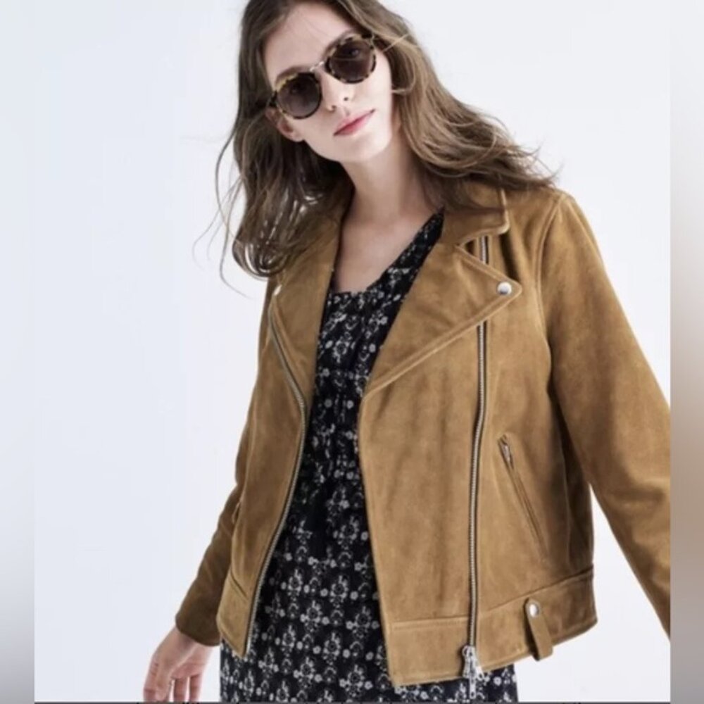 Madewell Tan Suede Leather Zip Motorcycle Jacket Women Size XL